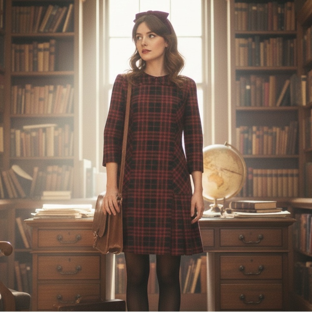 Tahari Arthur S. Levine Dark Academia Twee Red Plaid Pleated Mini Dress Poetcore